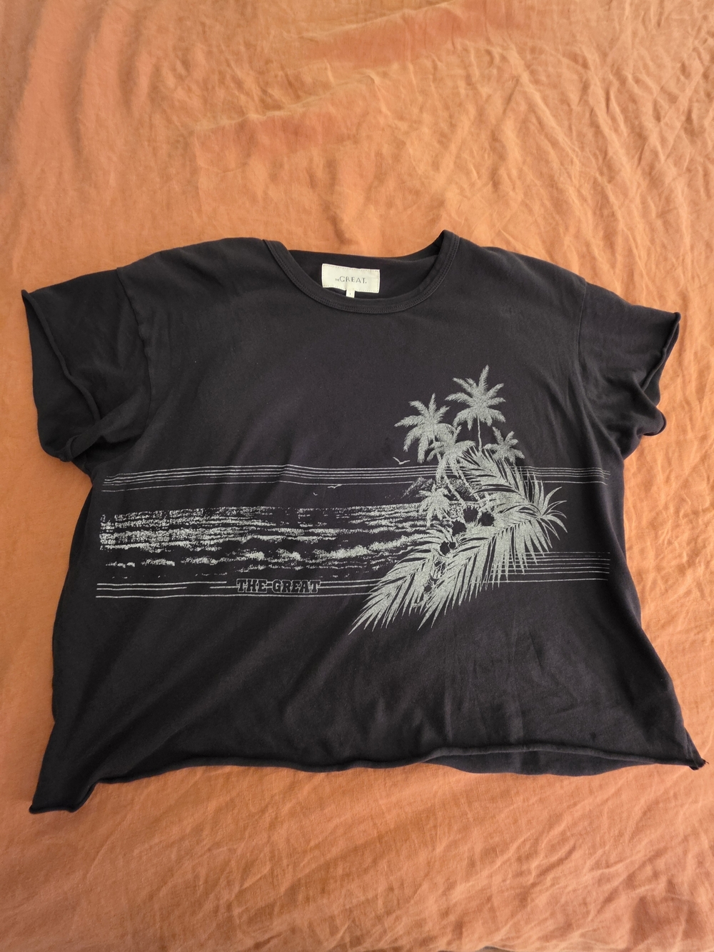 THE GREAT. Black Tee with Gray Palm & Wave Print - Size 1